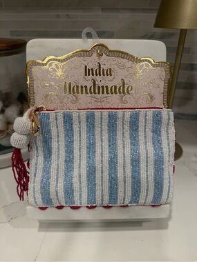 Made in India NEW Beaded Pouch with Blue and White Stripes with Red accents